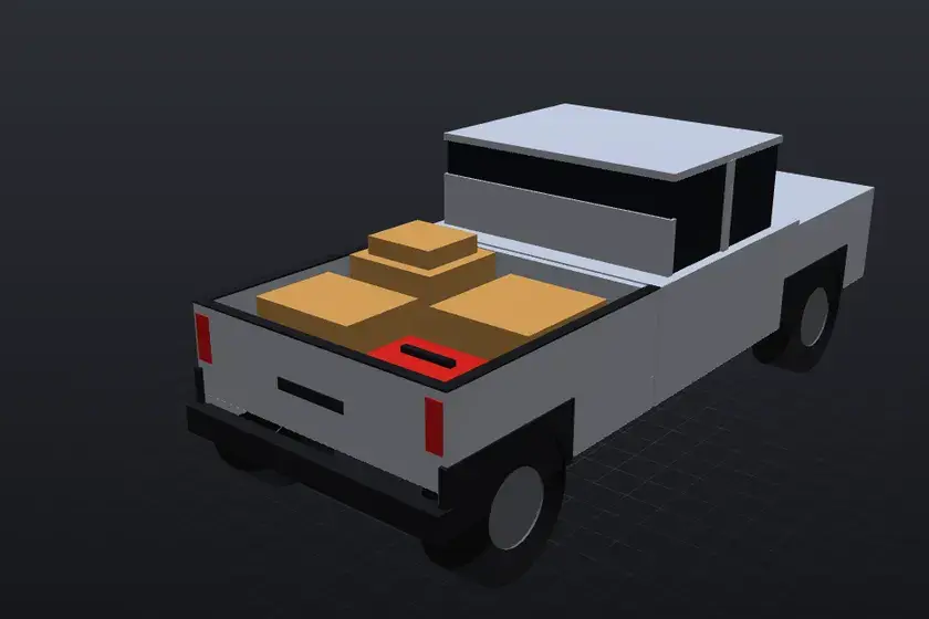 3D illustration of an open bakkie load bin with boxes and a toolbox in plain view