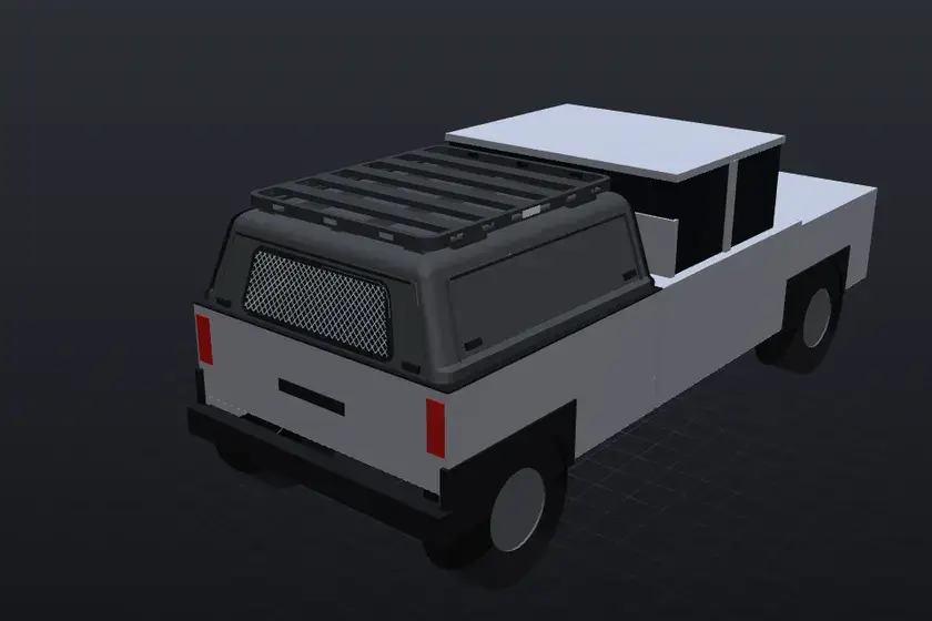 3D illustration of a bakkie fitted with a Veld Armour steel canopy, roof rack and rear mesh