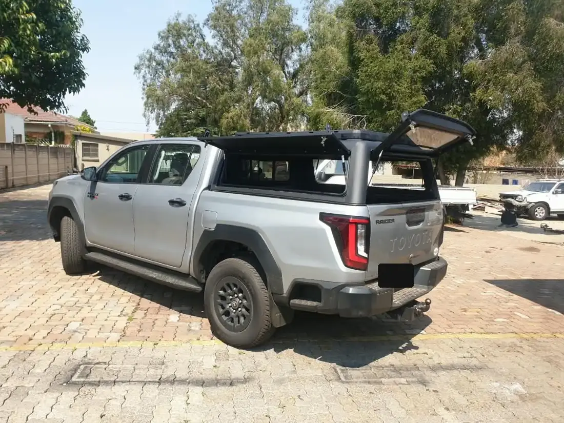 Veld Armour canopy with the side and rear doors lifted on gas struts